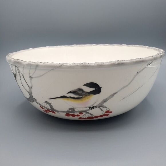 Global Design Kate Williams Winter Chickadee Gray Trim Berries 10" Veg. Bowl - Picture 7 of 9